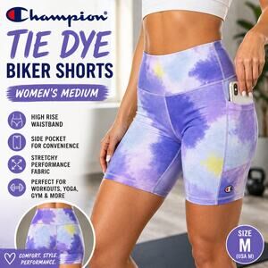 Champion Tie Dye Biker Shorts Womens Medium Purple High Rise Athletic